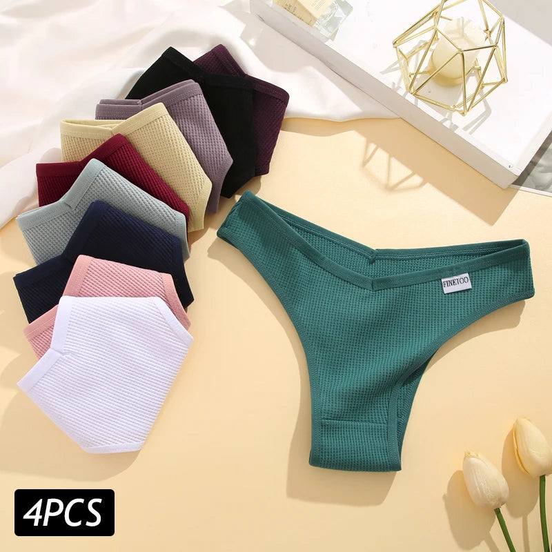 4PCS/Set Waffle Cotton Panties Women's Panties Sexy Low Rise Brazilian Panties Seamless Briefs Female Underpants Soft Lingerie